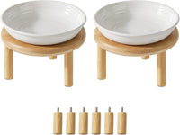 Elevated Cat Bowls, Ceramic Cat Bowl with Bamboo Stand Wide Opening – Essentials for Cats - White / Stripe x2 + Bamboo