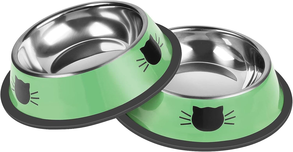 Serentive 2 Pcs Non-Slip Stainless Steel Small Cat Food Bowls - Green / 7 oz
