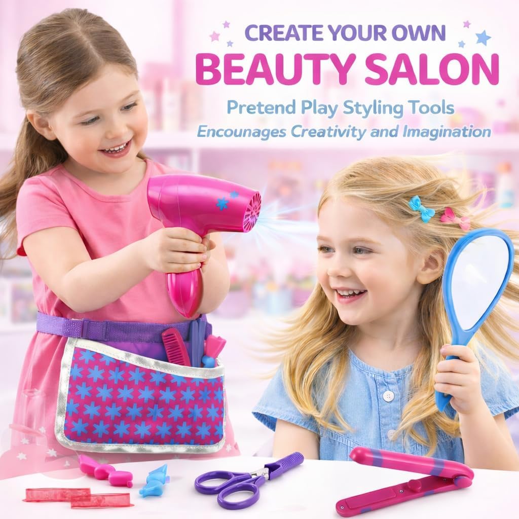 Liberty Imports 13 piece hair salon play set with toy blow dryer, straightener, scissors, comb, mirr - view 2