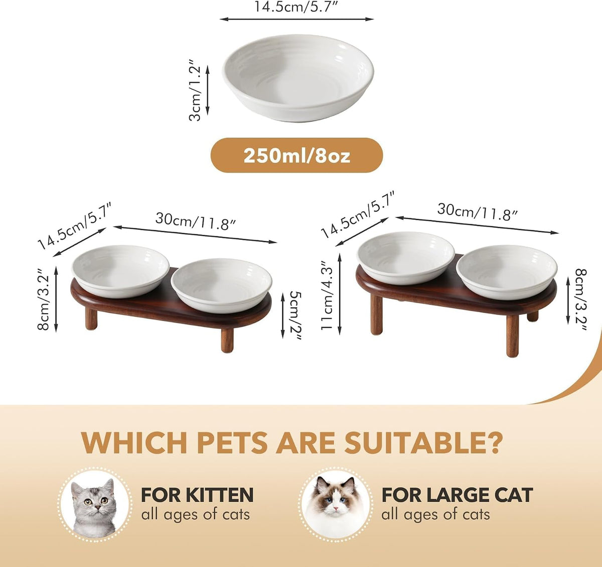 Elevated Cat Bowls, Ceramic Cat Bowl with Bamboo Stand Wide Opening – Essentials for Cats - White / Stripe Set + Acacia Wood - image 2