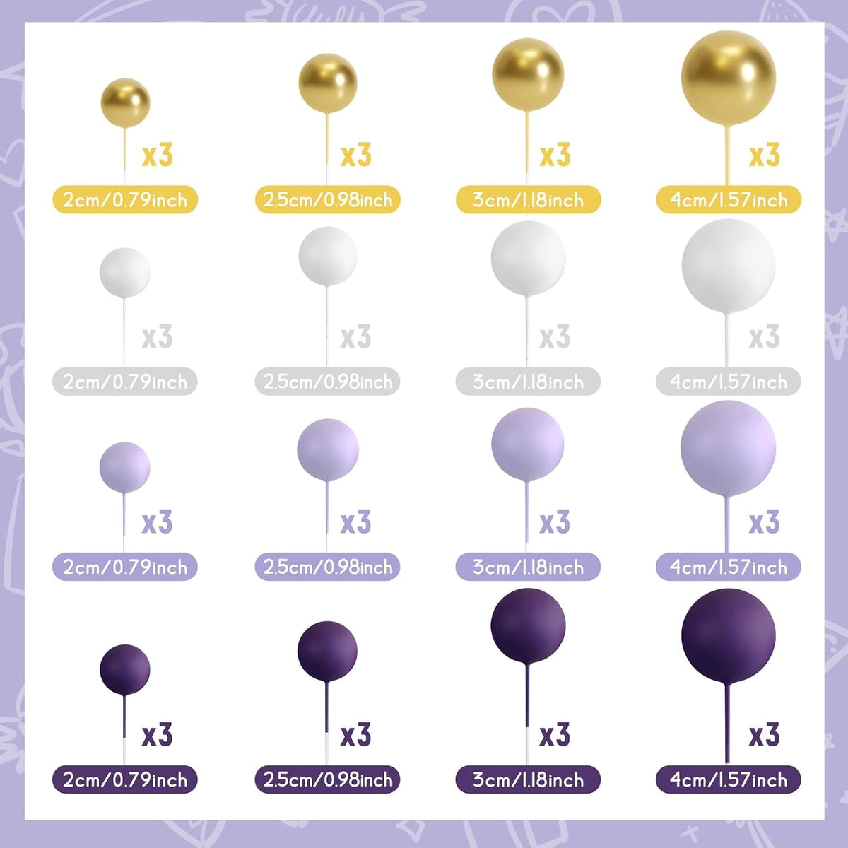 48 Pcs Balls Cake Topper Decorations Balloon Cupcake Toppers Foam - A04-purple, Light Purple, White, Gold - image 2