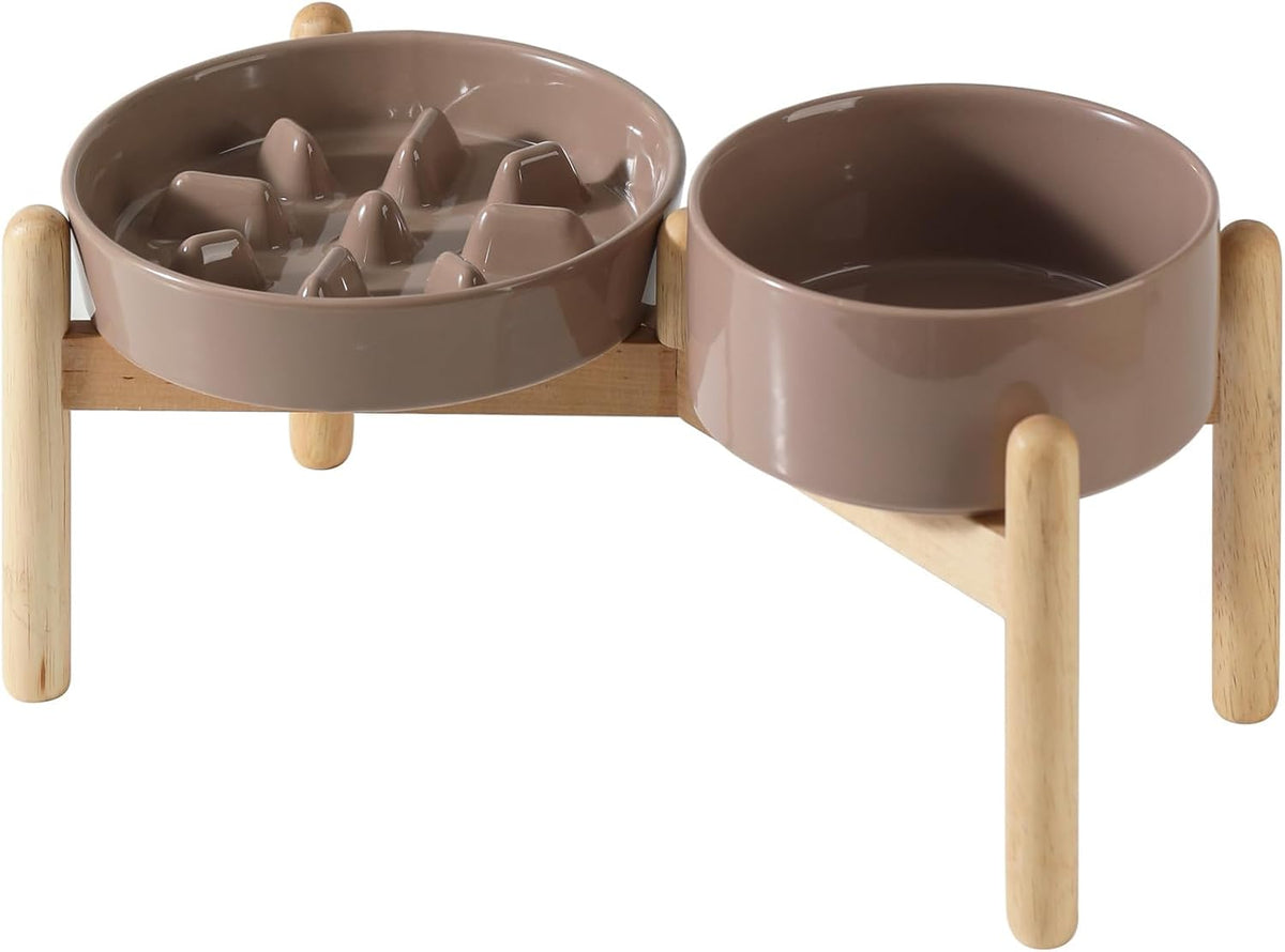 Ceramic Slow Feeder Dog Bowls - Brown Coffee / 7.3inch-C+Bowl Set