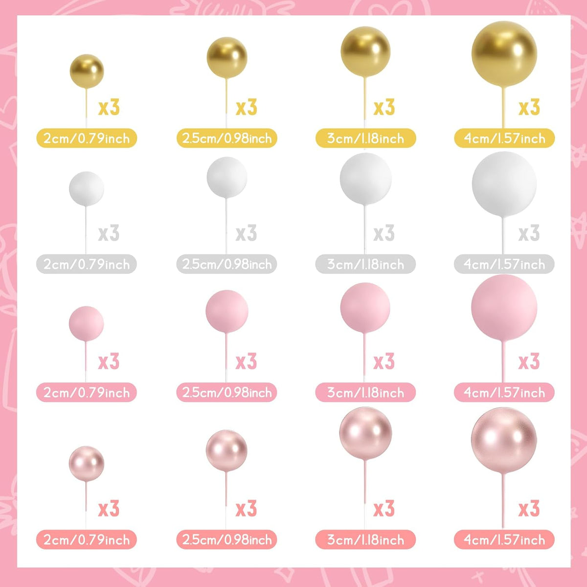 48 Pcs Balls Cake Topper Decorations Balloon Cupcake Toppers Foam - A12-rose Gold, Pink, White, Gold - image 2