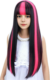 WAVELNM kids long straight black wig with hot pink highlights and bangs - view 39