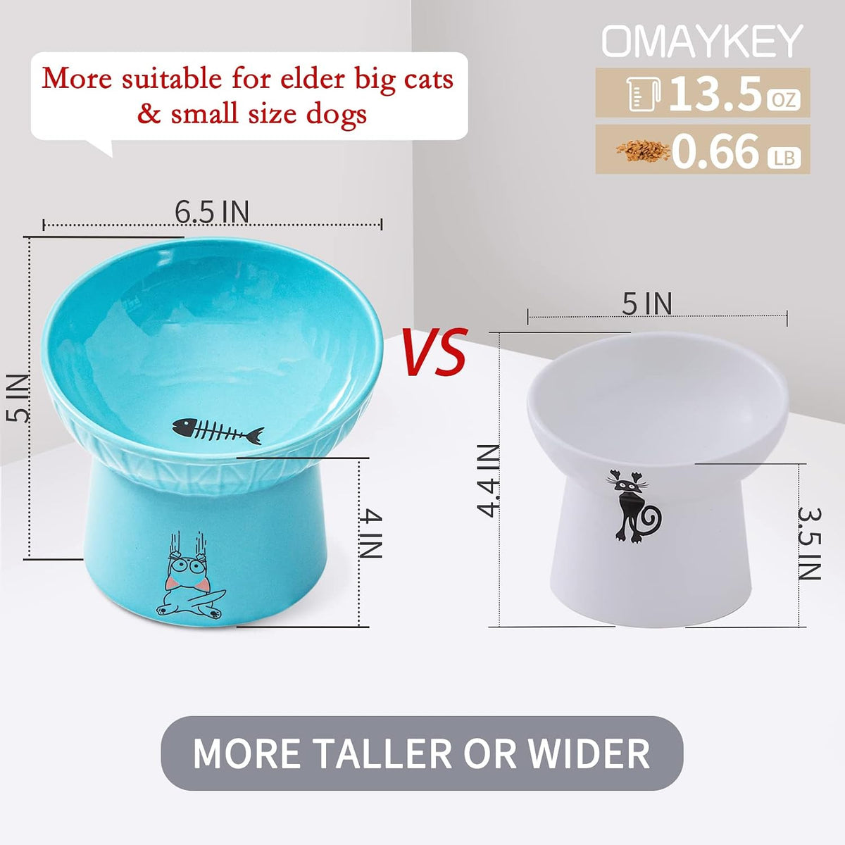 6.5 Inch Extra Wide Ceramic Raised Cat Bowl Set - White & Blue - image 3