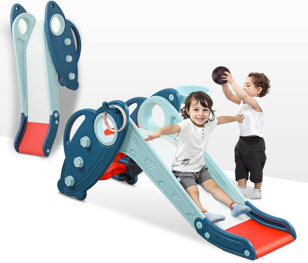 Onasti Kids Slide for Toddlers Age 1-3 with Basketball Hoop & Ring - Blue