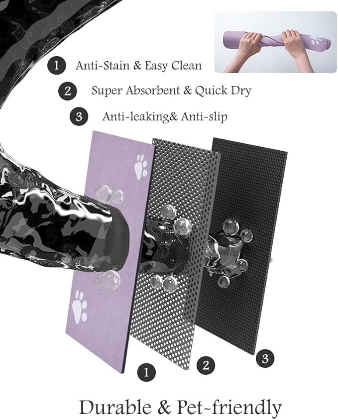 Pet Feeding Mat-Absorbent Dog Mat for Food and Water Bowl-No Stains Quick Dry Water Dispenser Mat-Dog Accessories Pet Supplies-Bowl for Messy Drinkers（Purple,17"x34"