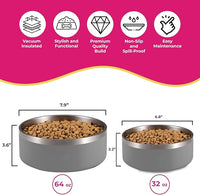 Grey Dog Double Wall Stainless Steel Pet Bowl, Vacuum Insulated, Non Skid, 64 oz