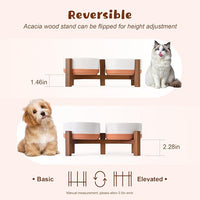 SPUNKYJUNKY Ceramic Elevated Dog Bowl Set with Acacia Wood Stand for Food and Water for Cat and Small Dog (13.52 OZ, White and Reddish Brown)