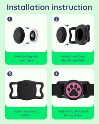 IP68 Waterpoof Dog Air tag Holder, Stretchy Silicone Full Body Covered Apple Air Tag Holder for Dog Cat Collar Fit All Width Collar (Black & Rose, 1 Pack)