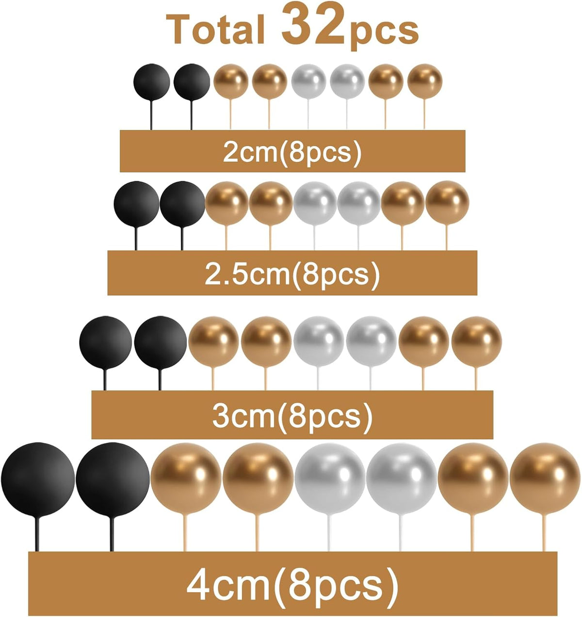 ASTARON 32 Pcs Foam Balls Cake Topper Decorations for Party Cake - Gold，silver，black - image 2