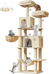 Taoqimiao Large Cat Tree，73-Inch Cat Tree Tower with 9 Scratching Posts for Indoor Cats, 2 Large Cat Condo with Hammock, Hanging Basket, 2 Extended Platform, Beige MS013XLM