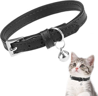 PUPTECK 2 PCS Soft Genuine Leather Cat Kitten Collar with Bells - Deep Black