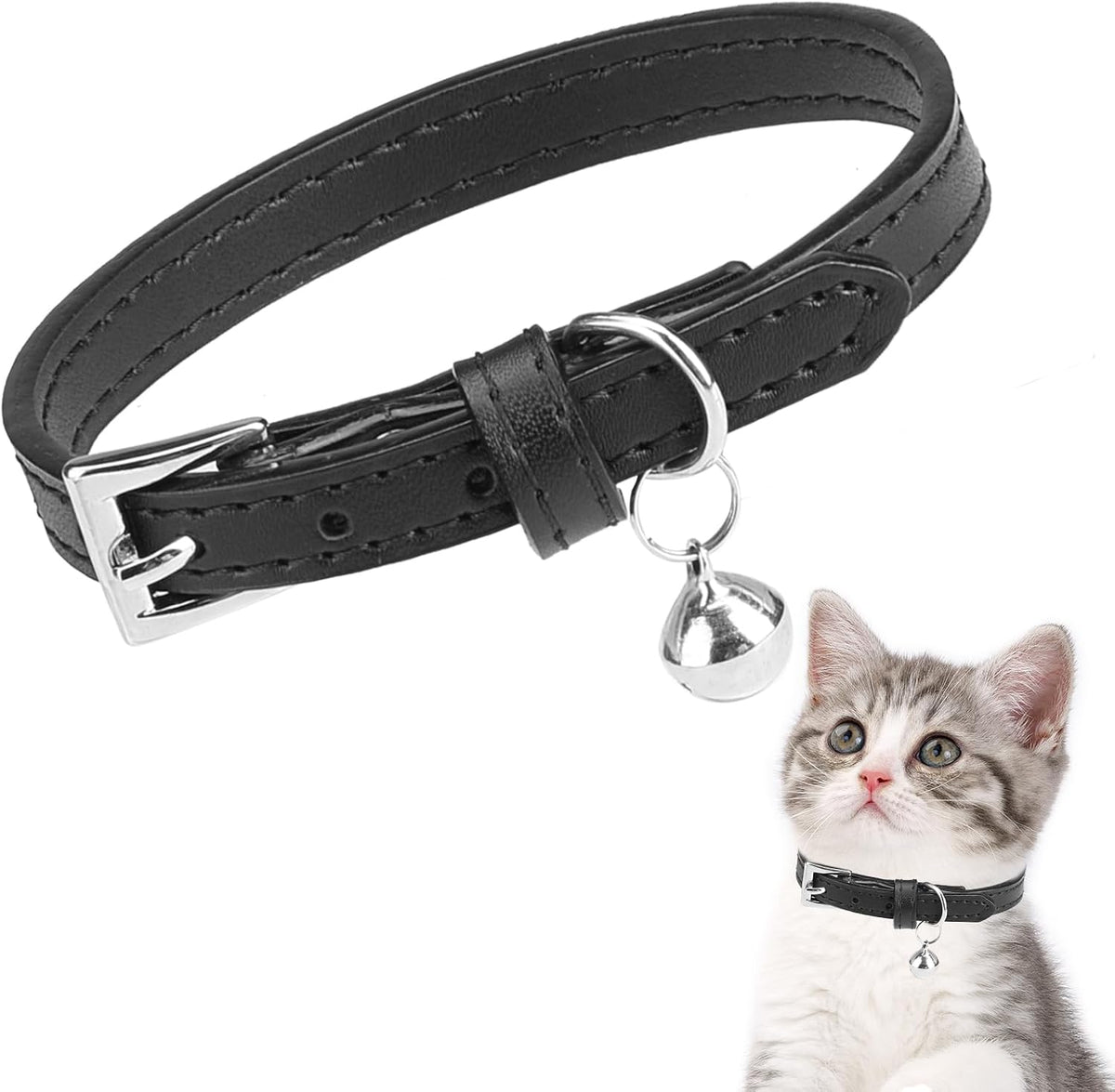 PUPTECK 2 PCS Soft Genuine Leather Cat Kitten Collar with Bells - Deep Black