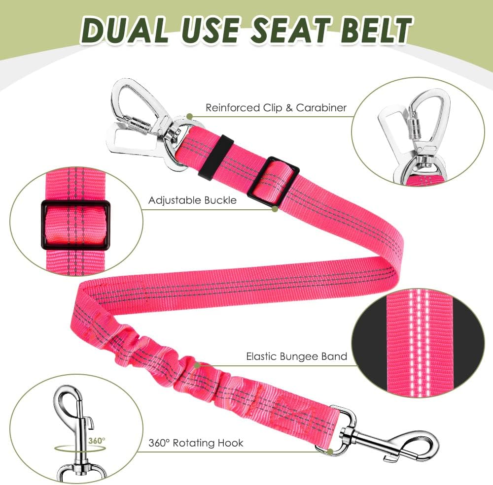 SlowTon Dog Seatbelt, 2 Pack Adjustable Heavy Duty Dog Safety Seat Belt – Essentials for Dogs - Fluorescent pink / Seatbelt Clip + Carabiner - image 2