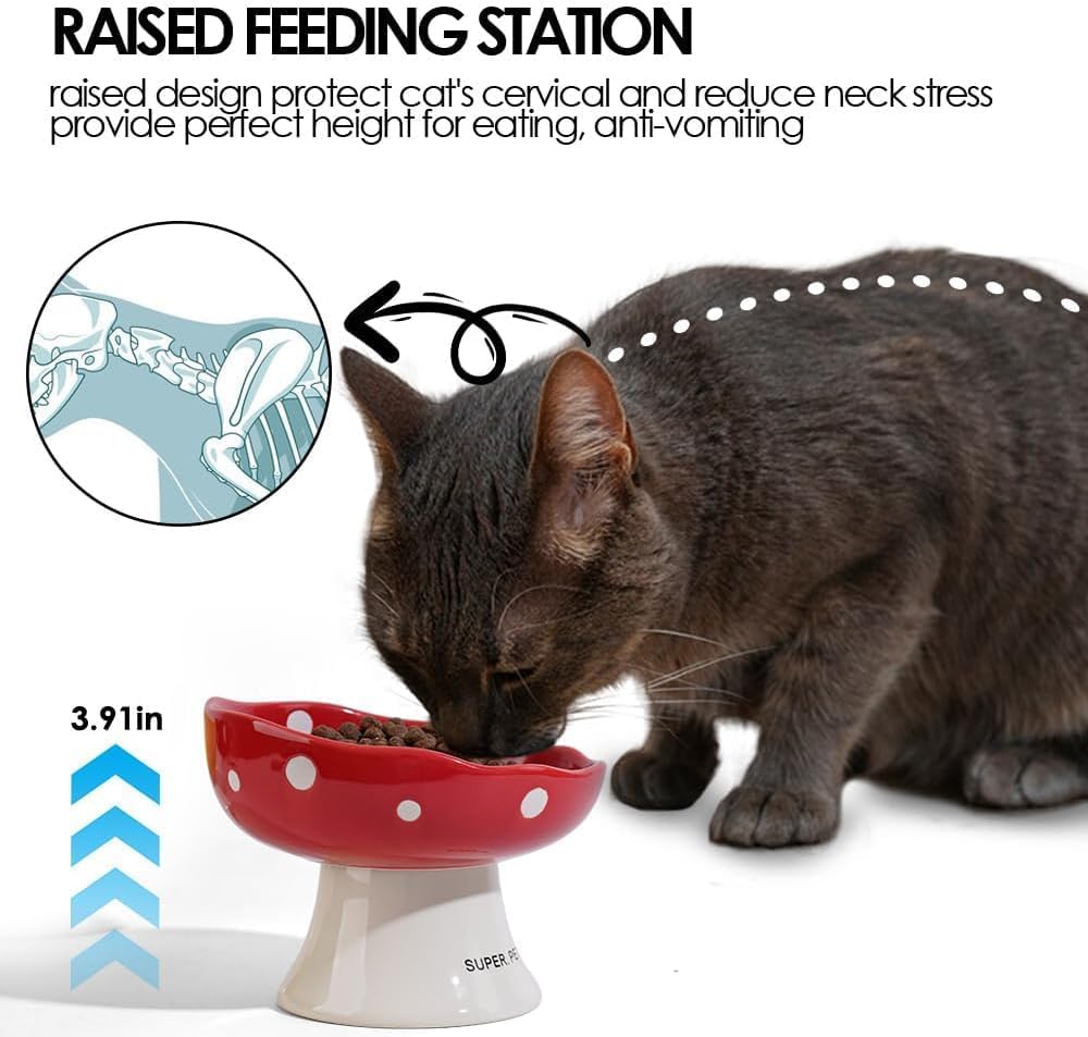 Red Mushroom Cat Bowl, Elevated Ceramic Bowl for Cats – Essentials for Cats - Pink+ Blue - image 4