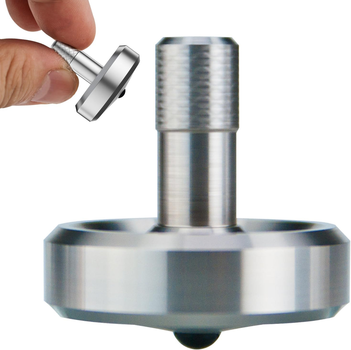 DjuiinoStar CNC machined stainless steel spinning top with ceramic tip and knurled grip - view 2