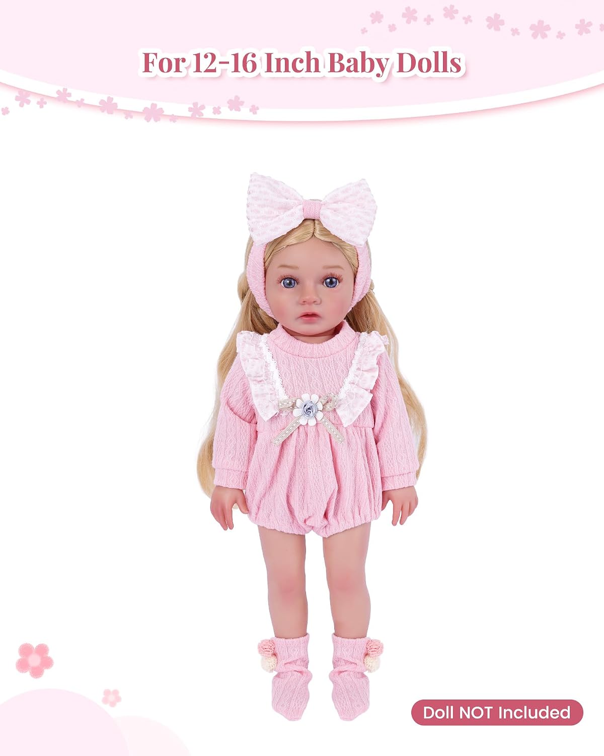 BABESIDE 3 piece baby doll clothes set, pink knit romper with headband and socks - view 3