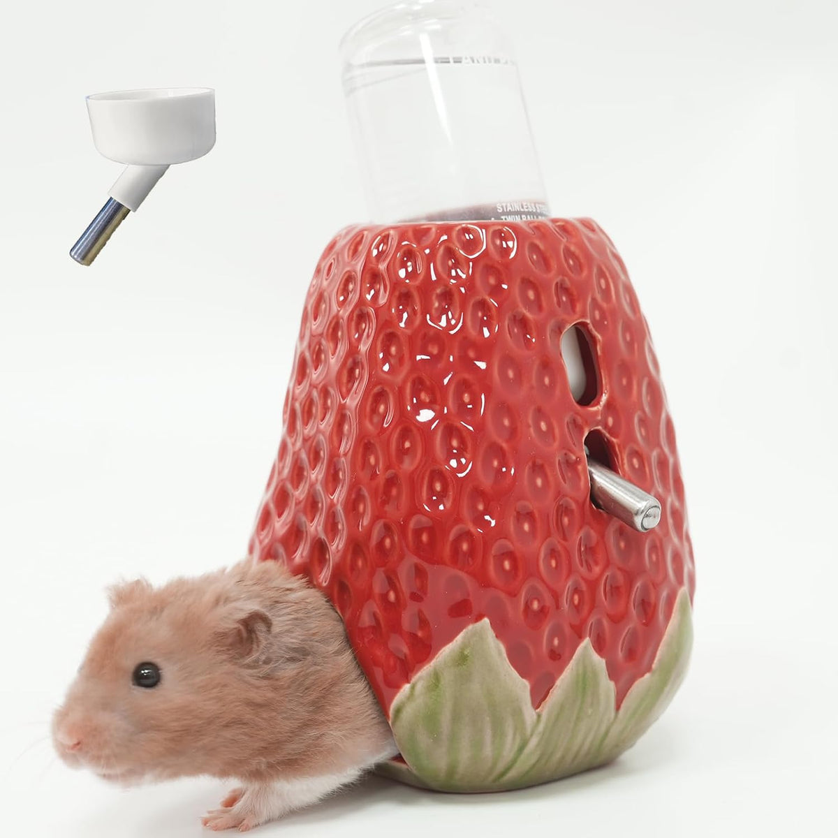 Adjustable No-Drip Pink Strawberry Ceramic Hamster Water Bottle – Essentials for Small Pets - Strawberry -red