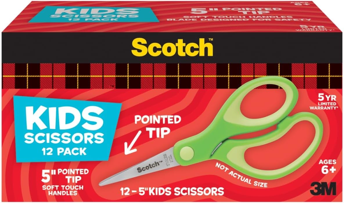 Scotch 5" Soft Touch Pointed Tip Kids Scissors, Stainless Steel - 12 count - blunt / 12 Count