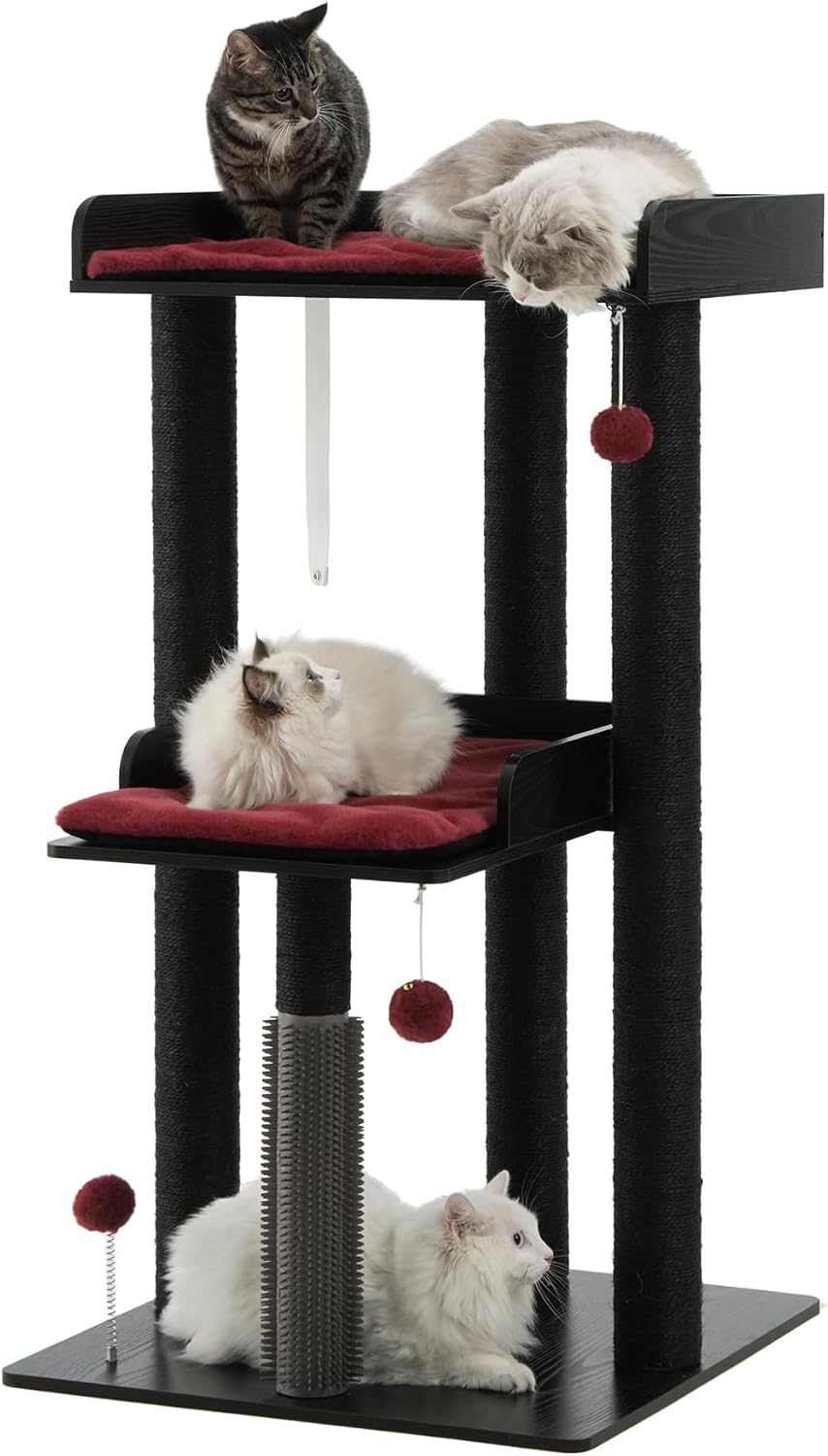 43.7" Modern Cat Tree for Large Cats, Quick One‑Person Assembly – Essentials for Cats - Black/Red / 23.6"L x 23.6"W x 43.7"H