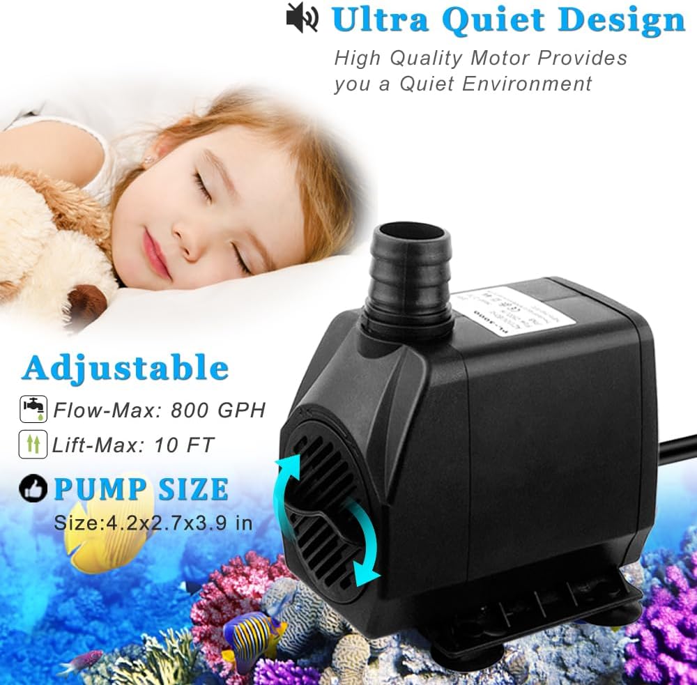 400GPH Submersible Pump with 5 ft Tubing – Essentials for Fish - 800 GPH - image 3