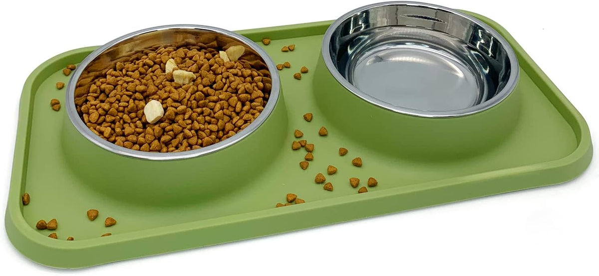BNOSDM Double Dog Food Bowls Stainless Steel Dog Food and Water Bowls - Dark Green【Set of 1】