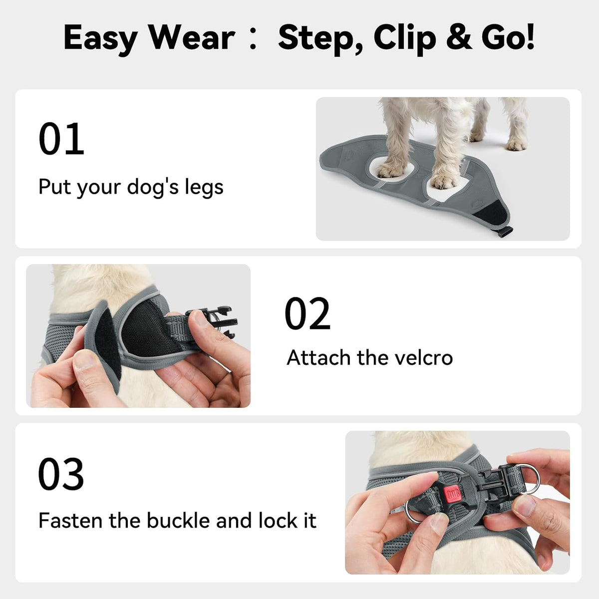 Joytale Step-in Dog Harness, Soft Breathable Mesh, Black S – Essentials for Dogs - XL--Chest: 21.5-24'' / Gray - image 3