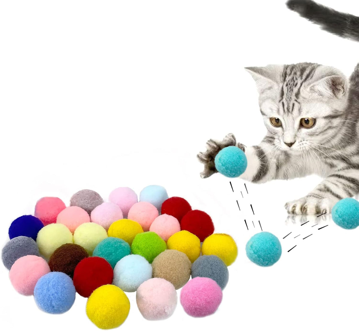 Andiker Cat Pompom Balls, 30pcs Cat's Ball Toys 1.2 Inches Colorful Kitten Pom Pom Balls - 2.5cm