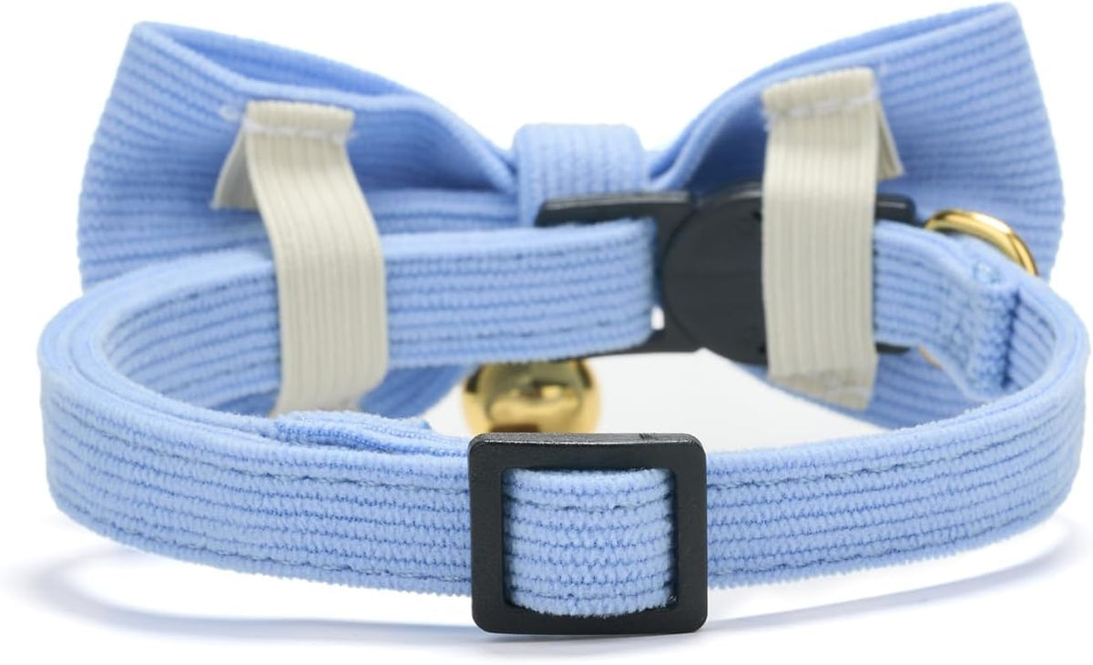 Breakaway Cat Collar with Bow Tie and Bell Adjustable Soft Corduroy - Extra Small: Neck 6" - 9.4" / Blue - image 2