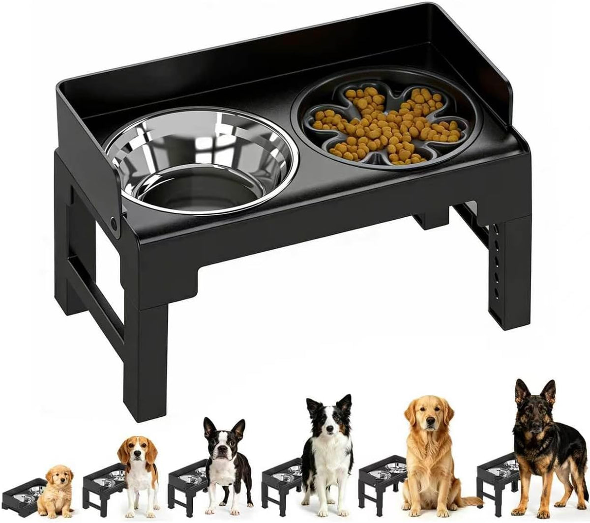 Elevated Dog Bowls for Medium and Large Dogs - 1 Slow Feeder Bowl + 1 Stainless Steel Bowl / Black