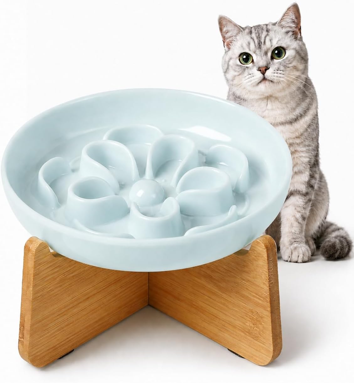 Melamine Cat Slow Feeder Bowl Set - Blue / 1 PACK - with Stand