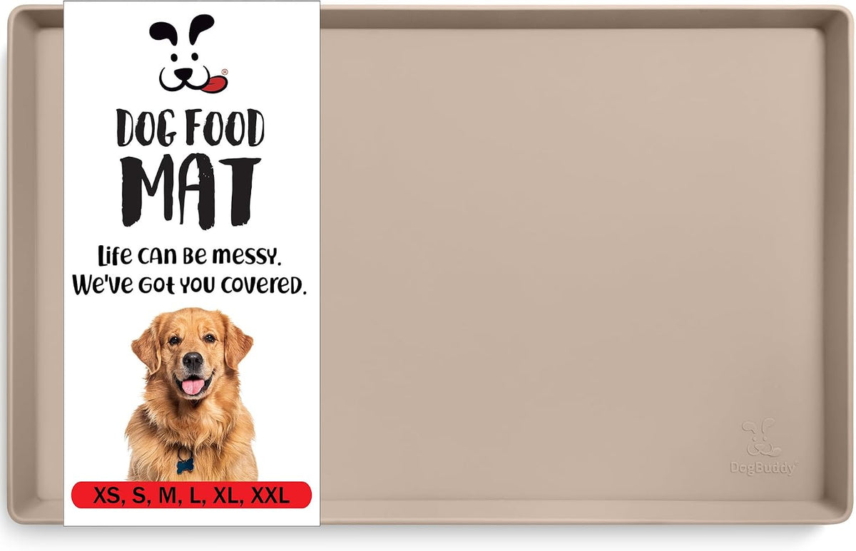 DogBuddy Dog Food Mat, Waterproof Silicone Pet Bowl Mats with Raised Edge – Essentials for Dogs - XX-Large: 32" x 24" / Taupe