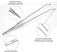 Aquarium Tweezers Extra Long 15 inches Feed Tong clamps - FEITA Straight and Curved Stainless Steel 38cm Tweezers Set for Fish Tank Plants Aquascape Tools & Reptile Feeding Tongs - Sliver 2Pcs