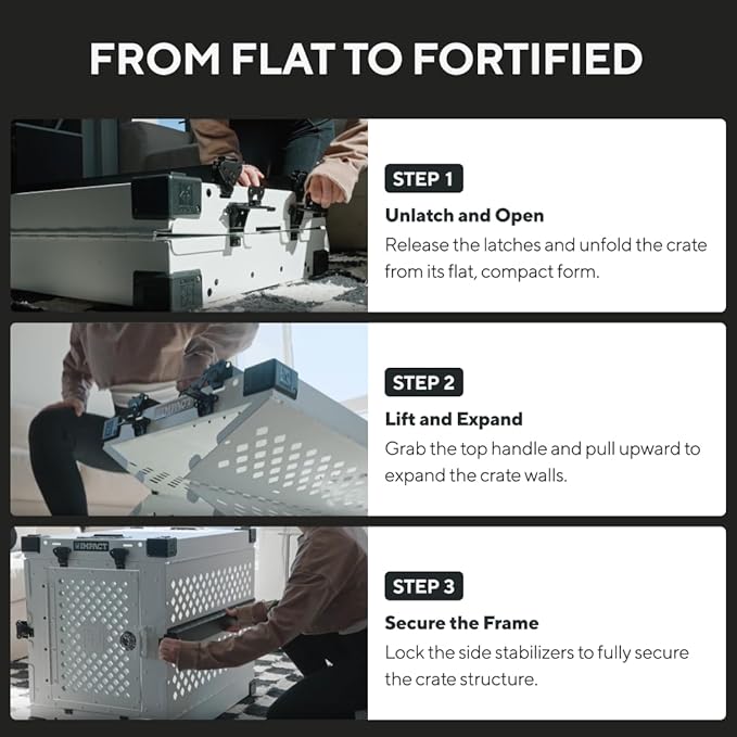 Impact Collapsible Dog Crate - Foldable Hard Crate for Large Dogs - Heavy Duty Travel Kennel with Powder-Coated Aluminum - Quick Setup for Indoor & Outdoor (Gray, 40" (40.5" L x 23" W x 29" H))
