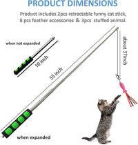 2pcs Retractable Wand Toys, Cat Fishing Rod with 11 Pcs Feather Refills for Indoor & Outdoor Cats