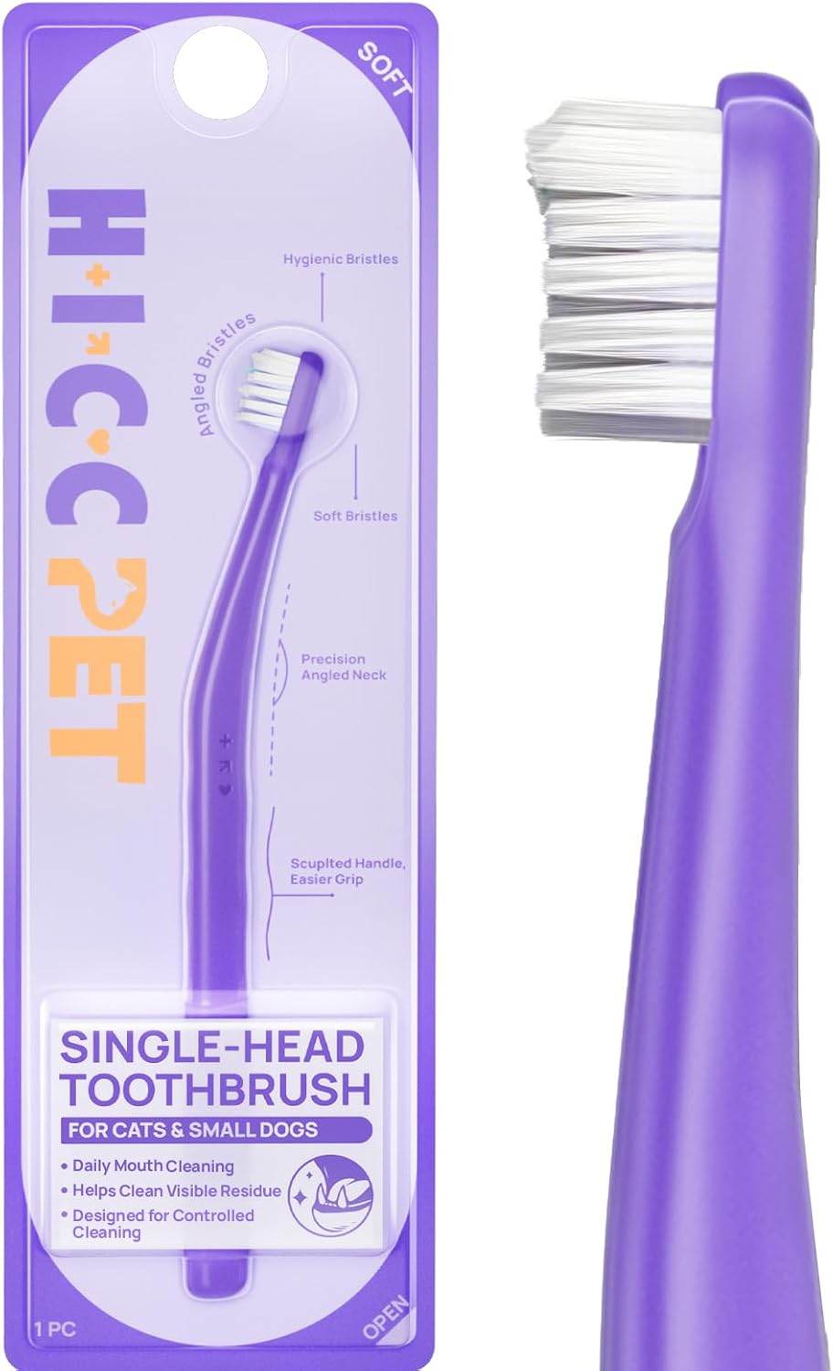 HICC PET single-head toothbrush for cats and small dogs with angled head
