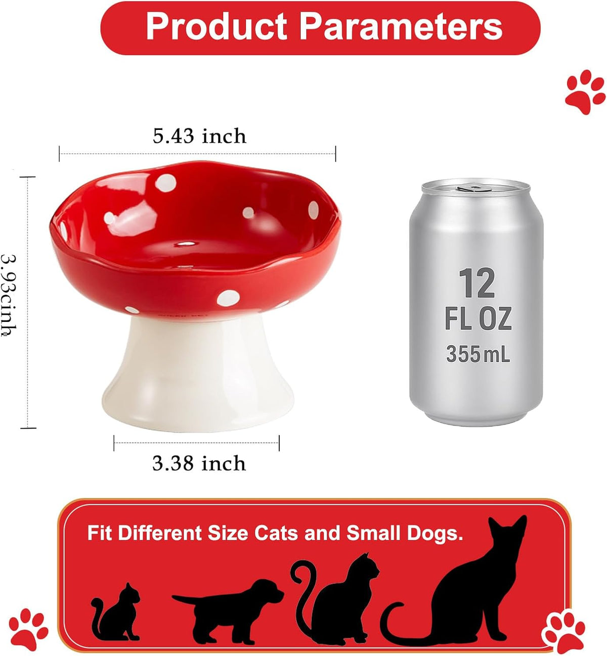 Red Mushroom Cat Bowl, Elevated Ceramic Bowl for Cats – Essentials for Cats - Red - image 2