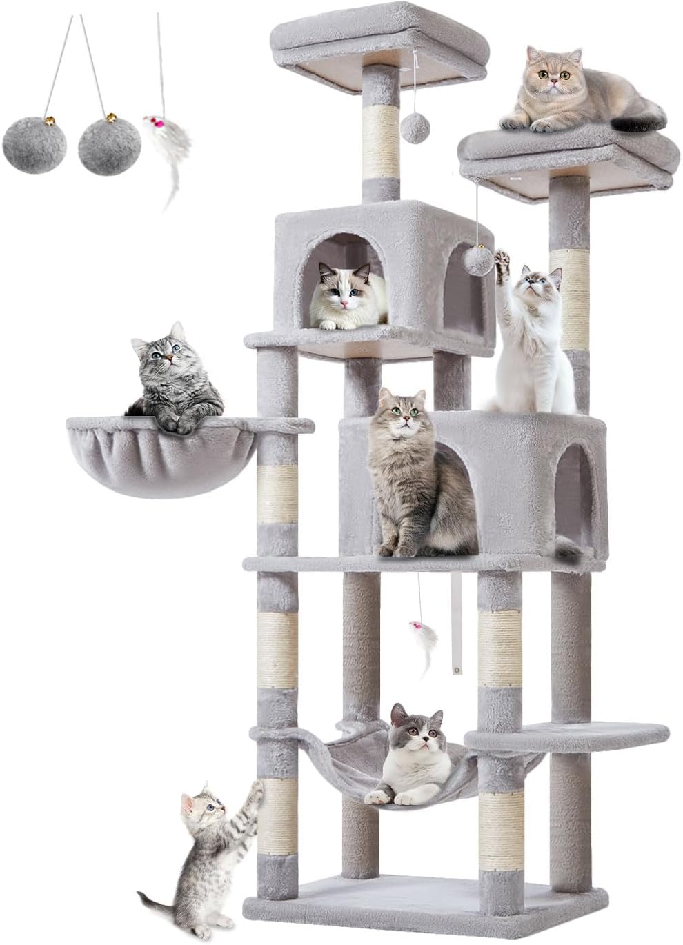 Taoqimiao Cat Tree, 67 in Tall Cat Tower with 2 Plush Cat Condos – Essentials for Cats - 67 inches / Light Gray