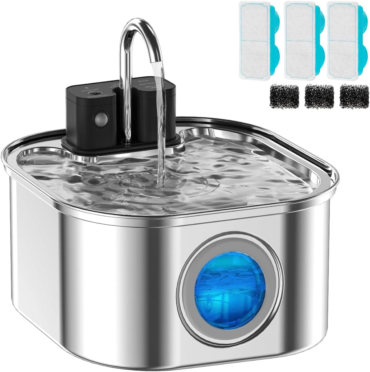 Cat Water Fountain Wireless, Stainless Steel-Rechargeable - Fountain +3 Filters+3 Sponges