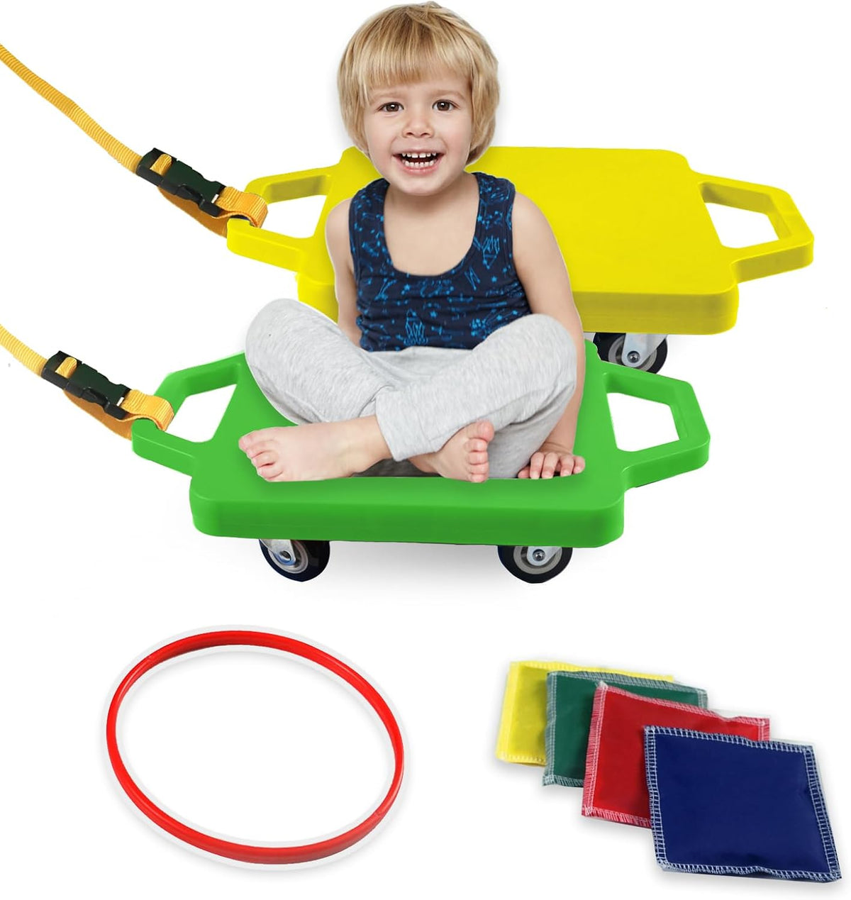 Romrex 2 pack floor scooter boards with handles, ring and beanbags