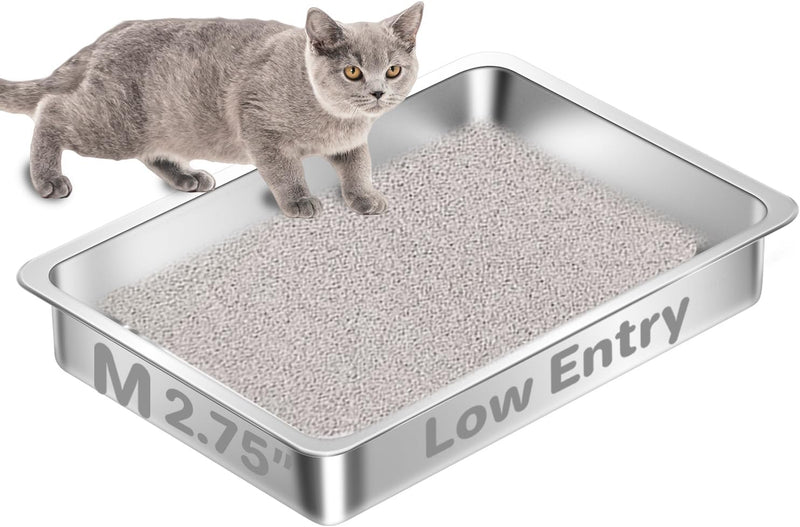 Low Entry Stainless Steel Cat Litter Box for Senior Cats - 15.75''Lx 11.81'' W x2.76'' H