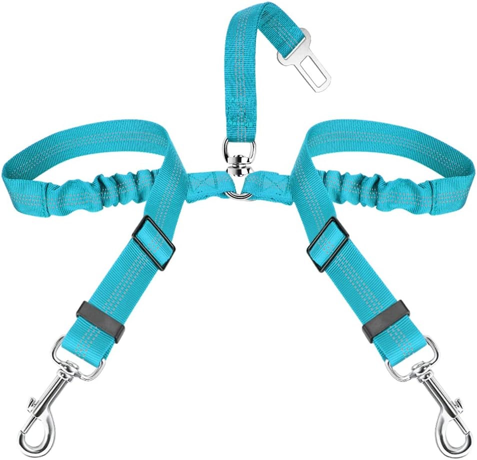 SlowTon Double Dog Seat Belt for Car with Elastic Bungee Buffer - C.Mint Blue / 2 Small in 1
