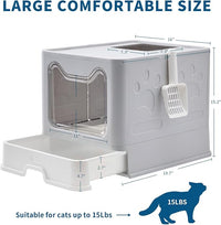 Cat Litter Box with Litter Mat and Scoop, Large Foldable Litter Box with Lid, Front Entry Top Exit Kitty Box, Odor Control, Easy to Clean (Grey)