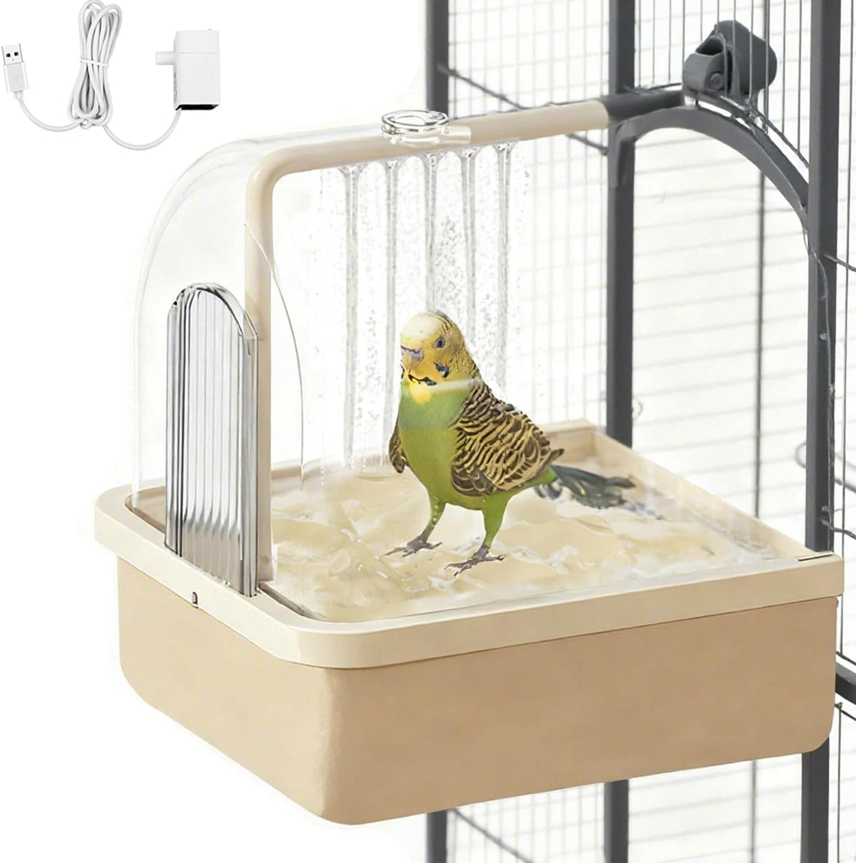Bird Bath for Cage Clear Automatic Pump Parrot Shower for Parakeets - Light brown