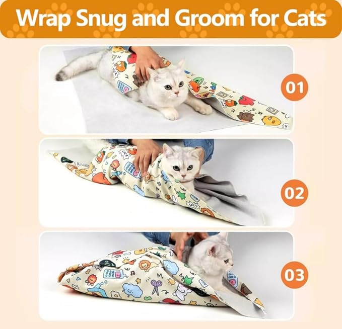 Magic Cat Wrap for Cutting Nails & Grooming, Self Adherent Fabric Wrap for Cats, Multi Functional Pet Grooming Towel Blanket, Wrap Snug and Groom for Cats, 17.7in, Under 9 Ibs
