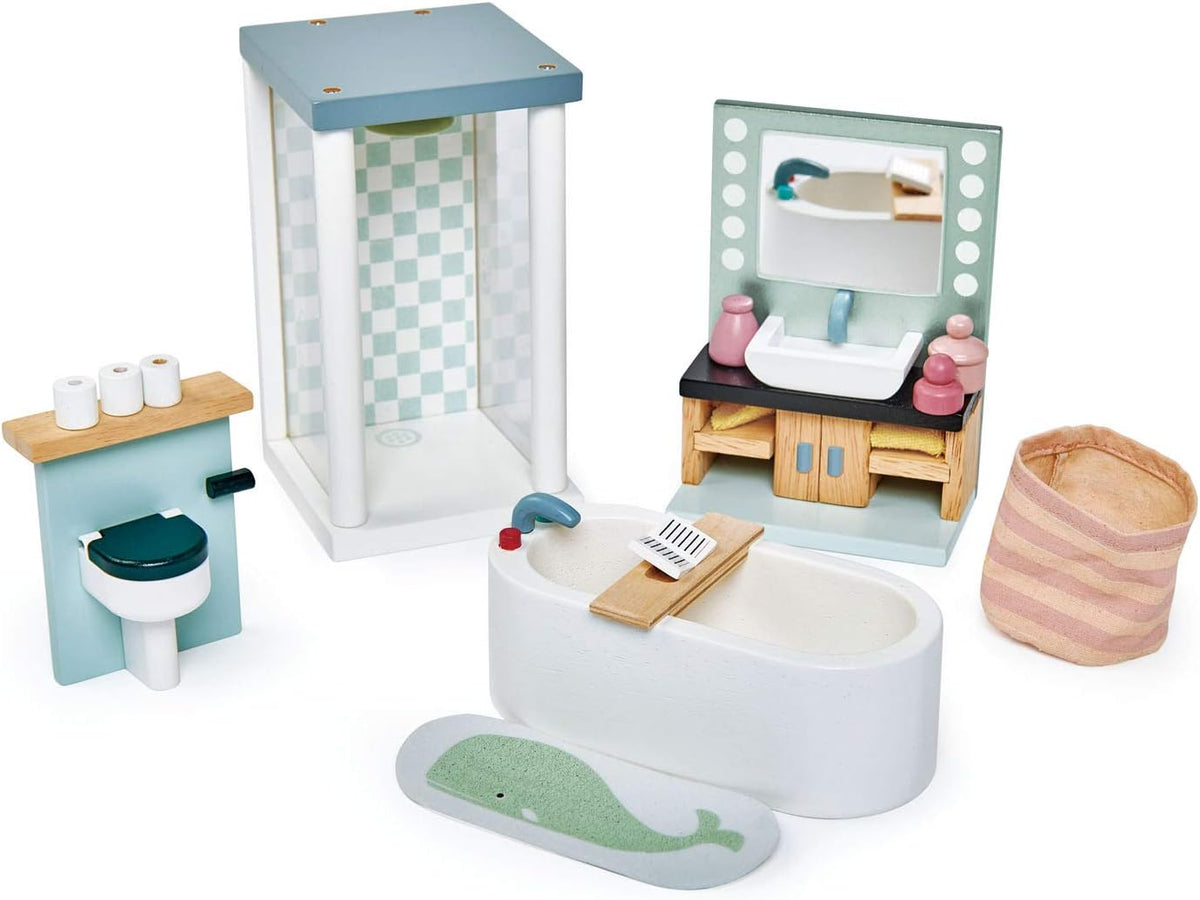Tender Leaf Toys wooden dollhouse furniture nursery set with cot, high chair, pram and baby - view 2