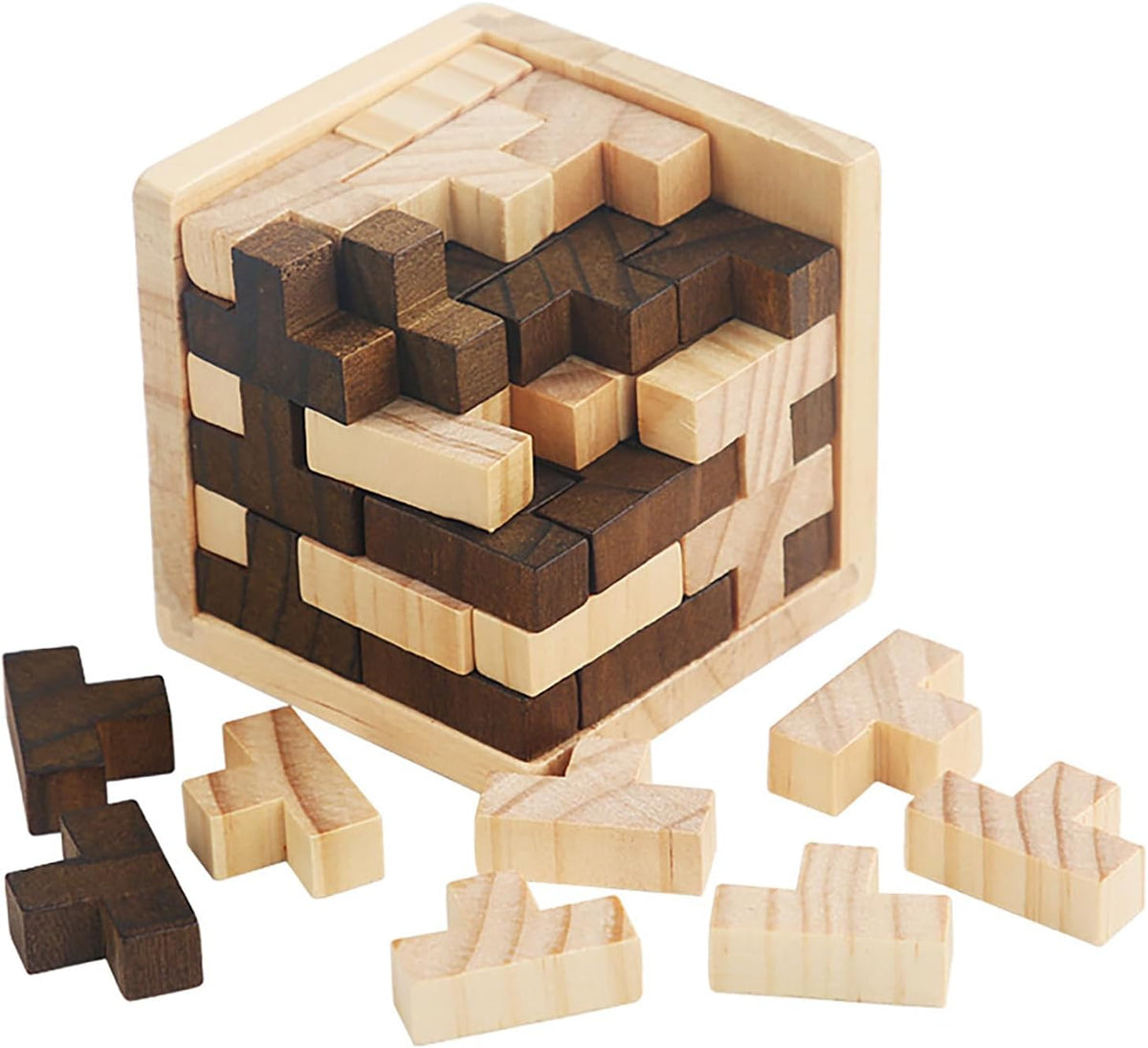 Wooden Brain Teaser Puzzles Cube Stocking Stuffers Wooden Puzzles - Brown and Natural
