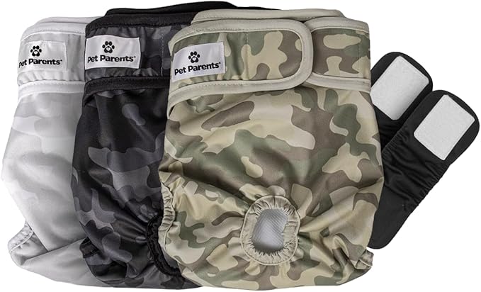 Pet Parents® Washable Dog Diapers (3pack) + Extendrs® of Durable Doggie Diapers, Premium Dog Diapers Female & Male (Large, Camo)