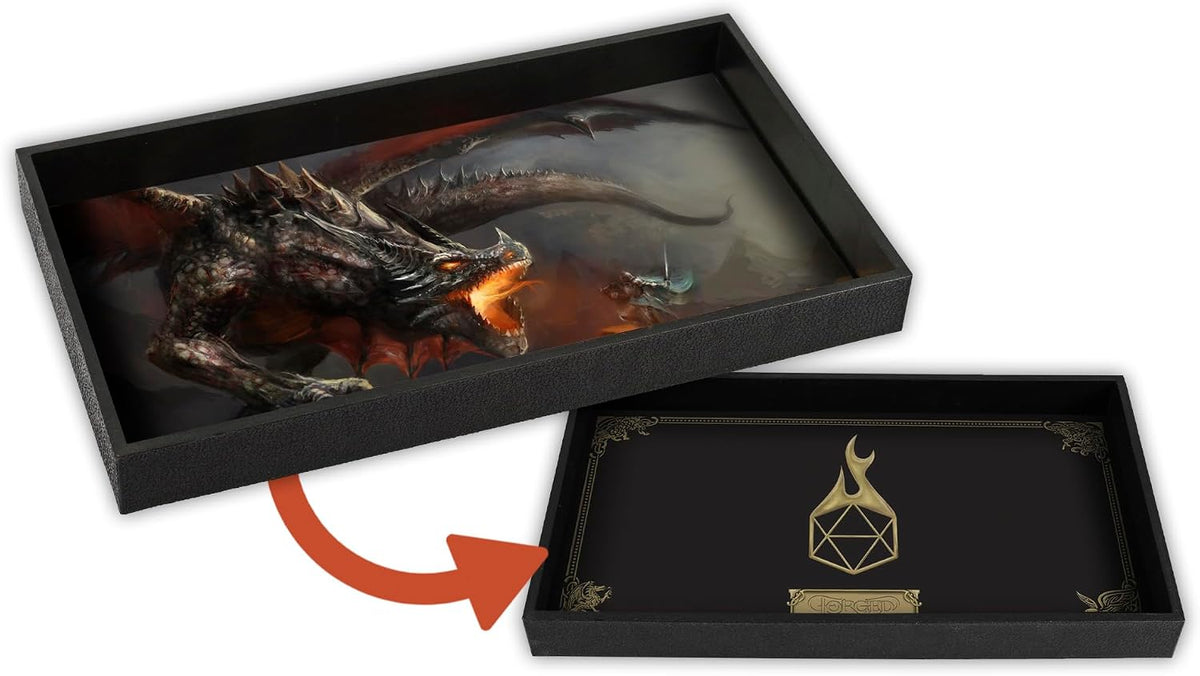 Forged Dice Co. Dice Tray 14" - Black Tray W/ Dragon Battle Mat